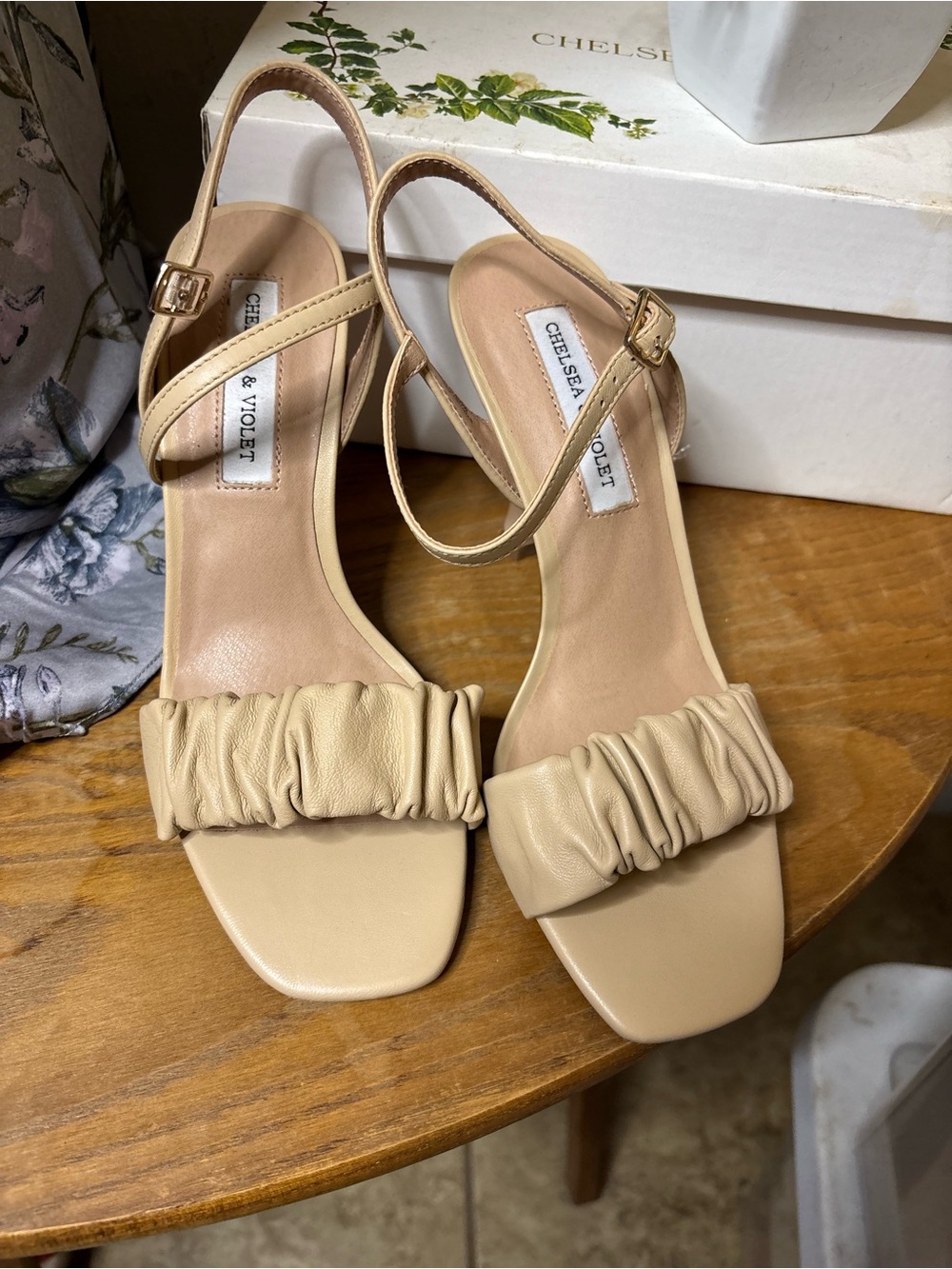 Chelsea & Violet Neutral Ruched Strap Slingback Sandals